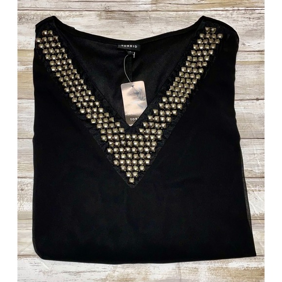 NWT Torrid Black Embellished V Neck Blouse Plus Size 2 Sheer Batwing Sleeve Top - Picture 1 of 8